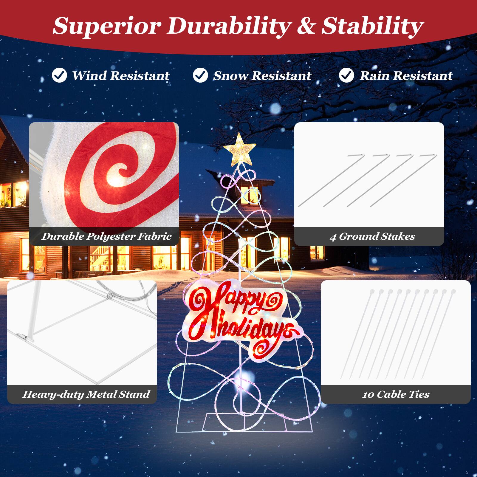 Superior Durability & Stability: Wind Resistant, Snow Resistant, Rain Resistant, Durable Polyester Fabric, 4 Ground Stakes, Heavy-duty Metal Stand, 10 Cable Ties.