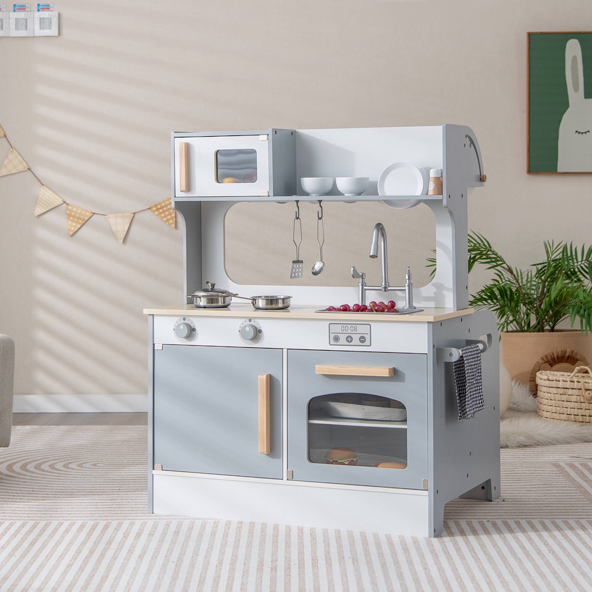 Alt View 3. Costway - Costway 2 in 1 Kids Play Kitchen& Restaurant Double Sided Wooden Kitchen Playset Toddler - Grey.