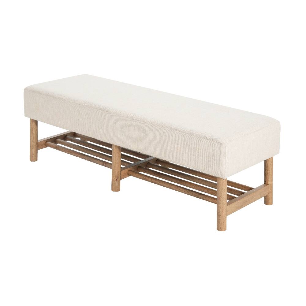 Alt View 7. Ropilly - Ropilly Rectangular Upholstered Linen Ottoman Bench with Open Storage Shelf, Solid Wood Legs, Beige - Beige.