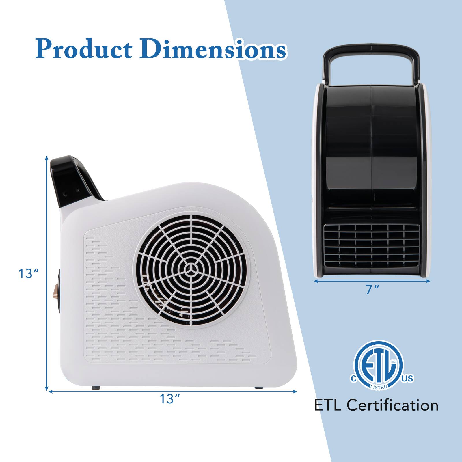 Product Dimensions: 13" x 7" x 13"  
ETL Certification