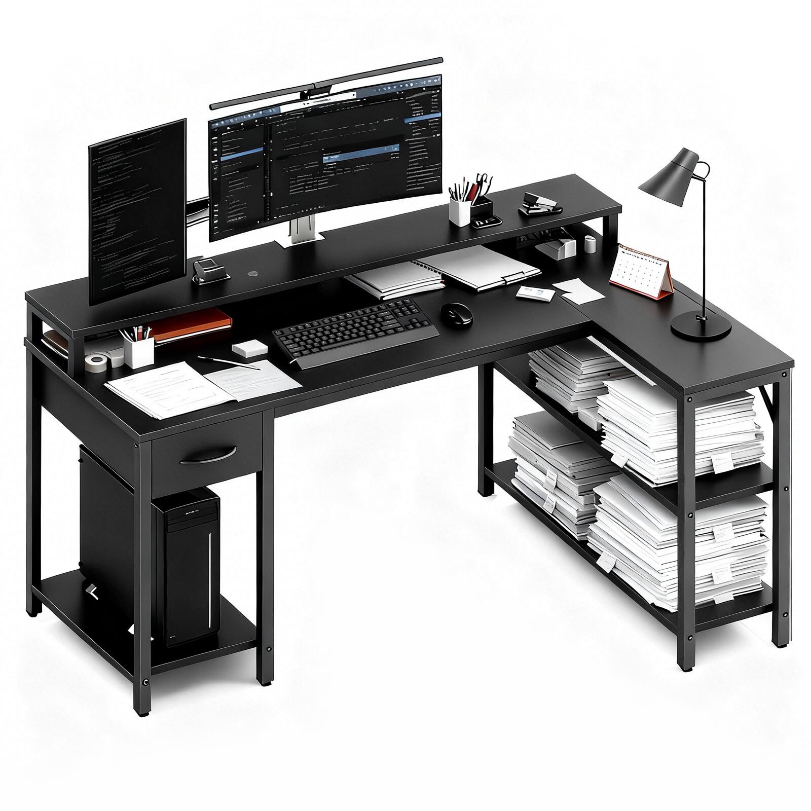 Angle. AENKYO - 53" L-Shaped Gaming Desk with Power Outlets, Computer Desk, LED Lighting and Monitor Stand - Black.
