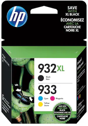 Sure, here is the corrected and grouped text from the image:
---
**hp**
**SAVE WITH XL BLACK**
**ÉCONOMISEZ AVEC LA CARTOUCHE NOIRE XL**
**932 XL**
Black Noir
**933**
Cyan Magenta Yellow Jaune
**SAVE WITH HIGH YIELD BLACK**
**ÉCONOMISEZ AVEC UN RENDEMENT ÉLEVÉ CARTOUCHE NOIRE**
---
**hp 932 XL**
**hp 933**
**Combo pack**
**Ensemble assorti**
**100% recyclable**
**100% recyclable**
**2.5x plus de pages**
**2.5x plus de pages**
**hp 932 XL**
**hp 933**
**100% recyclable**
**100% recyclable**
**2.5x plus de pages**
**2.5x plus de pages**
---
This text is organized to reflect the information on the packaging, including the product numbers, ink colors, and recycling information.