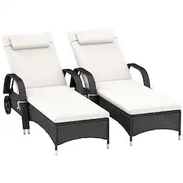 Resenkos - 2 Reclining Chaise Lounge Chairs, Outdoor Sectional Furniture, PE Rattan, White - Deep Coffee and Cream White
