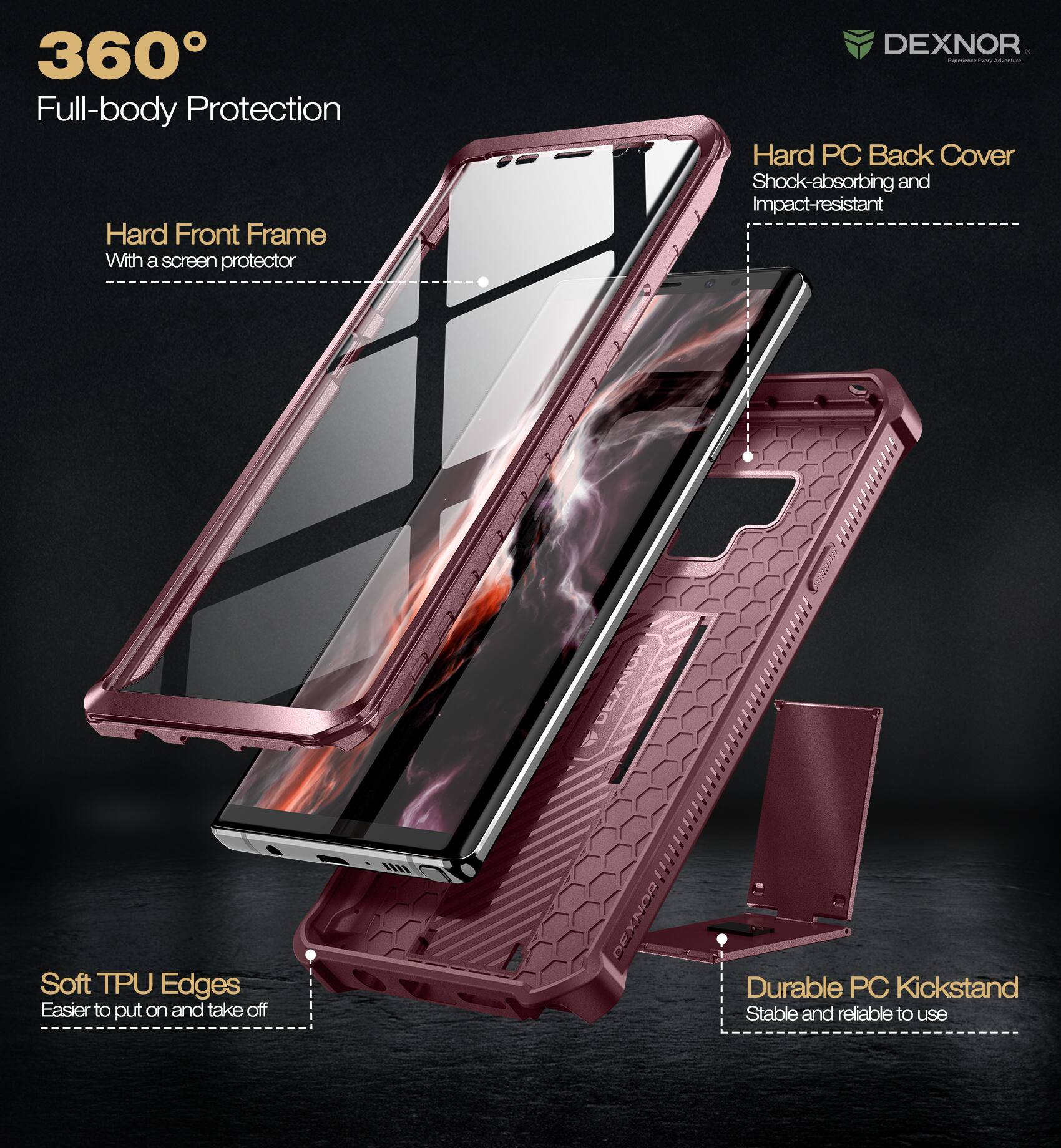 360° Full-body Protection

- Hard Front Frame
  - With a screen protector

- Hard PC Back Cover
  - Shock-absorbing and Impact-resistant

- Soft TPU Edges
  - Easier to put on and take off

- Durable PC Kickstand
  - Stable and reliable to use