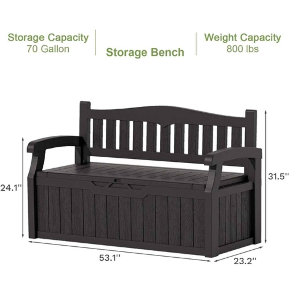 Storage Capacity: 70 Gallon  
Storage Bench  
Weight Capacity: 800 lbs  

Dimensions:  
- Length: 53.1"  
- Width: 24.1"  
- Height: 31.5"  
- Depth: 23.2"