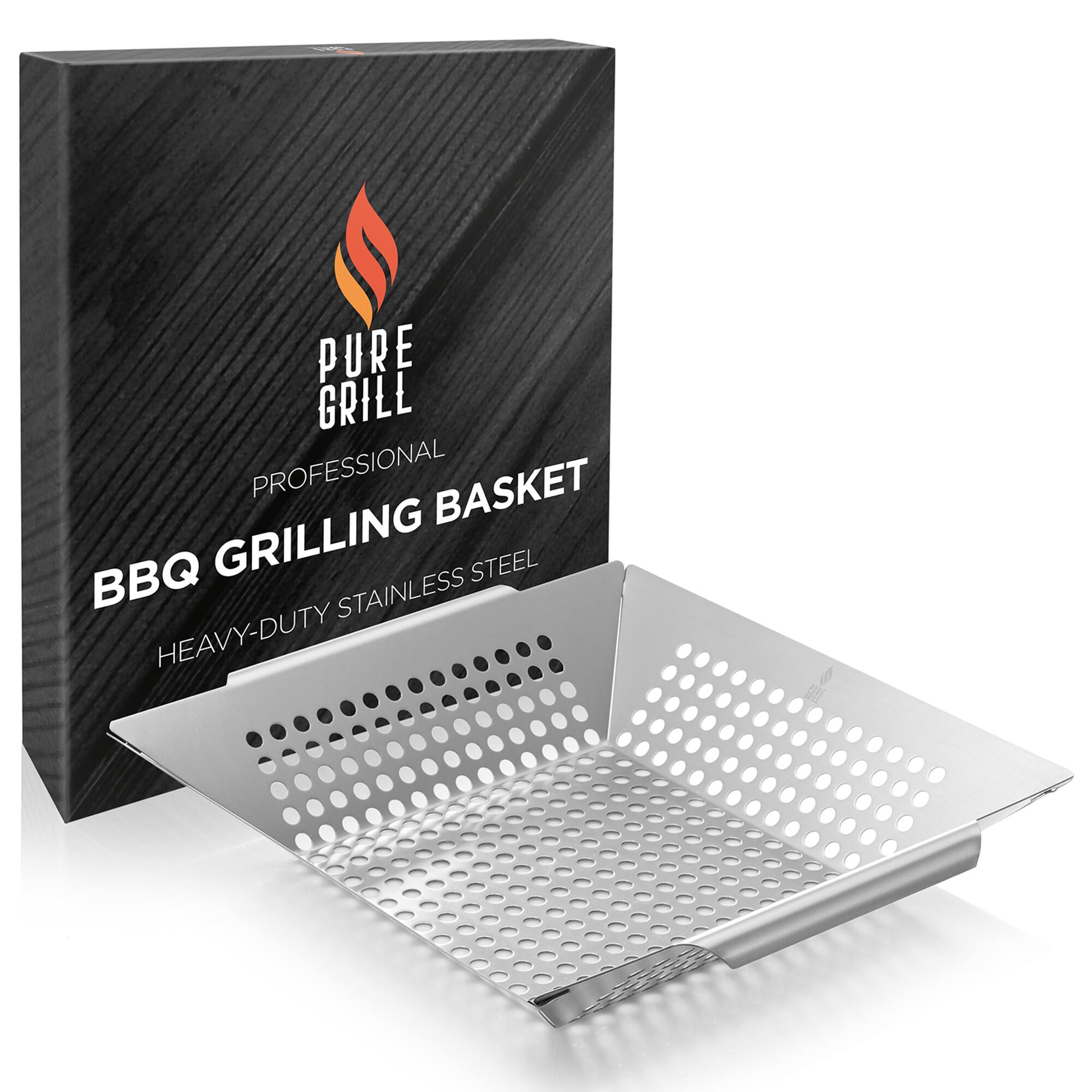PURE GRILL PROFESSIONAL BBQ GRILLING BASKET HEAVY-DUTY STAINLESS STEEL