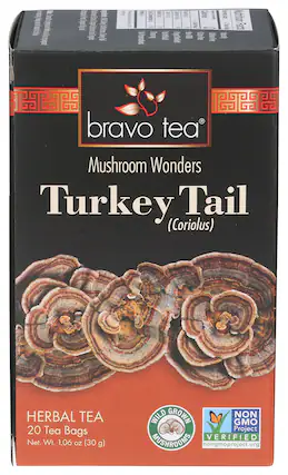 bravo tea
Mushroom Wonders
Turkey Tail (Coriolus)
HERBAL TEA
20 Tea Bags
Net. Wt. 1.06 oz (30 g)
WILD GROWN MUSHROOMS
NON GMO Project VERIFIED
nongmoproject.org