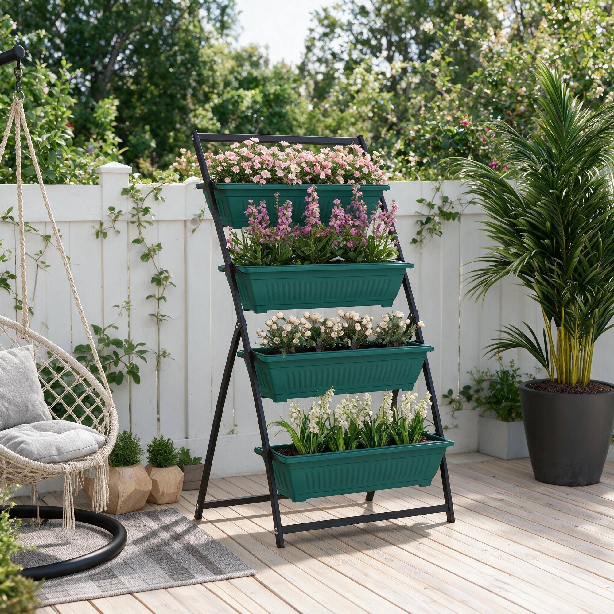 Back. RYHNUYNE - 4 Tier Raised Garden Bed with Stand, 63.75 Inch Tall Vertical Planter Boxes for Vegetables, Flowers and Herbs - Green.