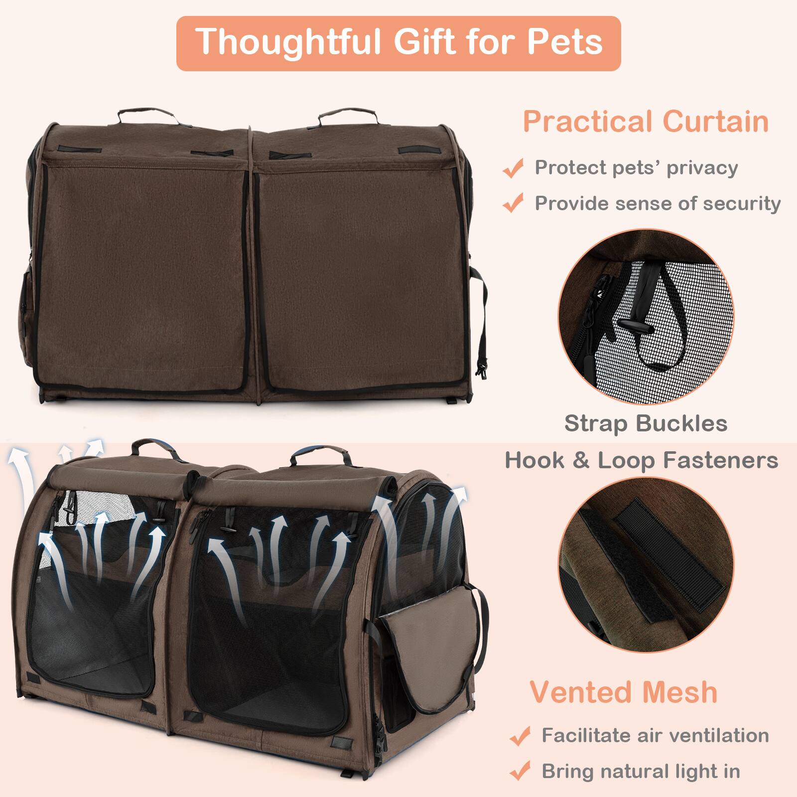 Thoughtful Gift for Pets: Practical Curtain Protect pets' privacy, Provide sense of security, Strap Buckles, Hook & Loop Fasteners, Vented Mesh, Facilitate air ventilation, Bring natural light in.