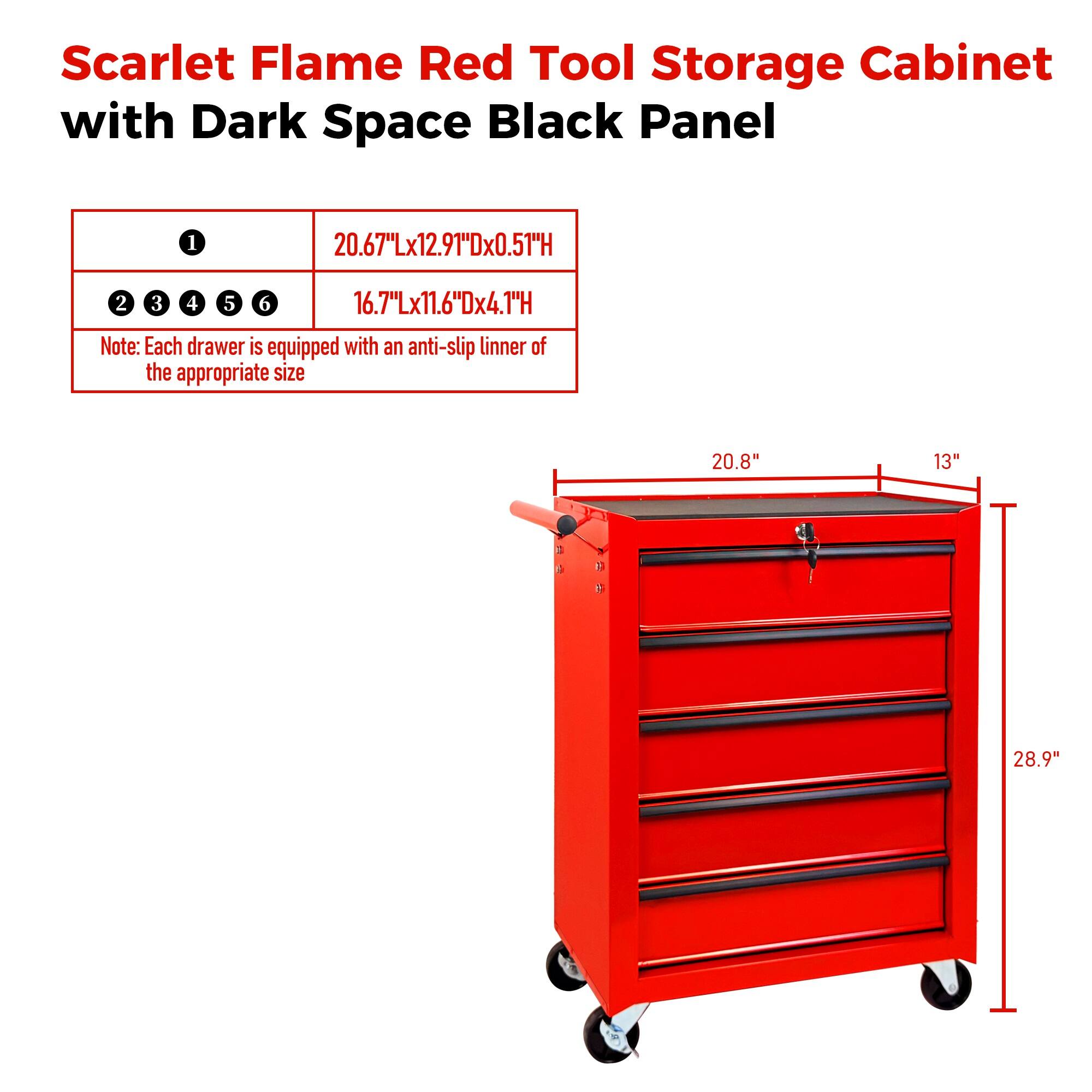 Scarlet Flame Red Tool Storage Cabinet with Dark Space Black Panel

1. 20.67"Lx12.91"Dx0.51"H
2. 16.7"Lx11.6"Dx4.1"H

Note: Each drawer is equipped with an anti-slip liner of the appropriate size

20.8" 13" 28.9"
