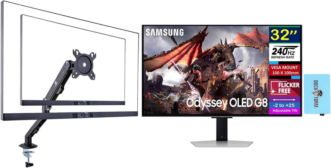 Samsung - Odyssey OLED G8 (G80SD) 32" Gaming Monitor, HDR10, (LS32DG802SNXZA) w/DKZ Hub & Ergoflexy Single Mount Arm - Silver