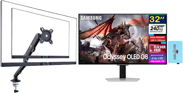 SAMSUNG
32"
240Hz REFRESH RATE
VESA MOUNT 100 X 100mm
FLICKER FREE
Odyssey OLED G8
-2 to +25 Adjustable Tilt
DOCK TORM