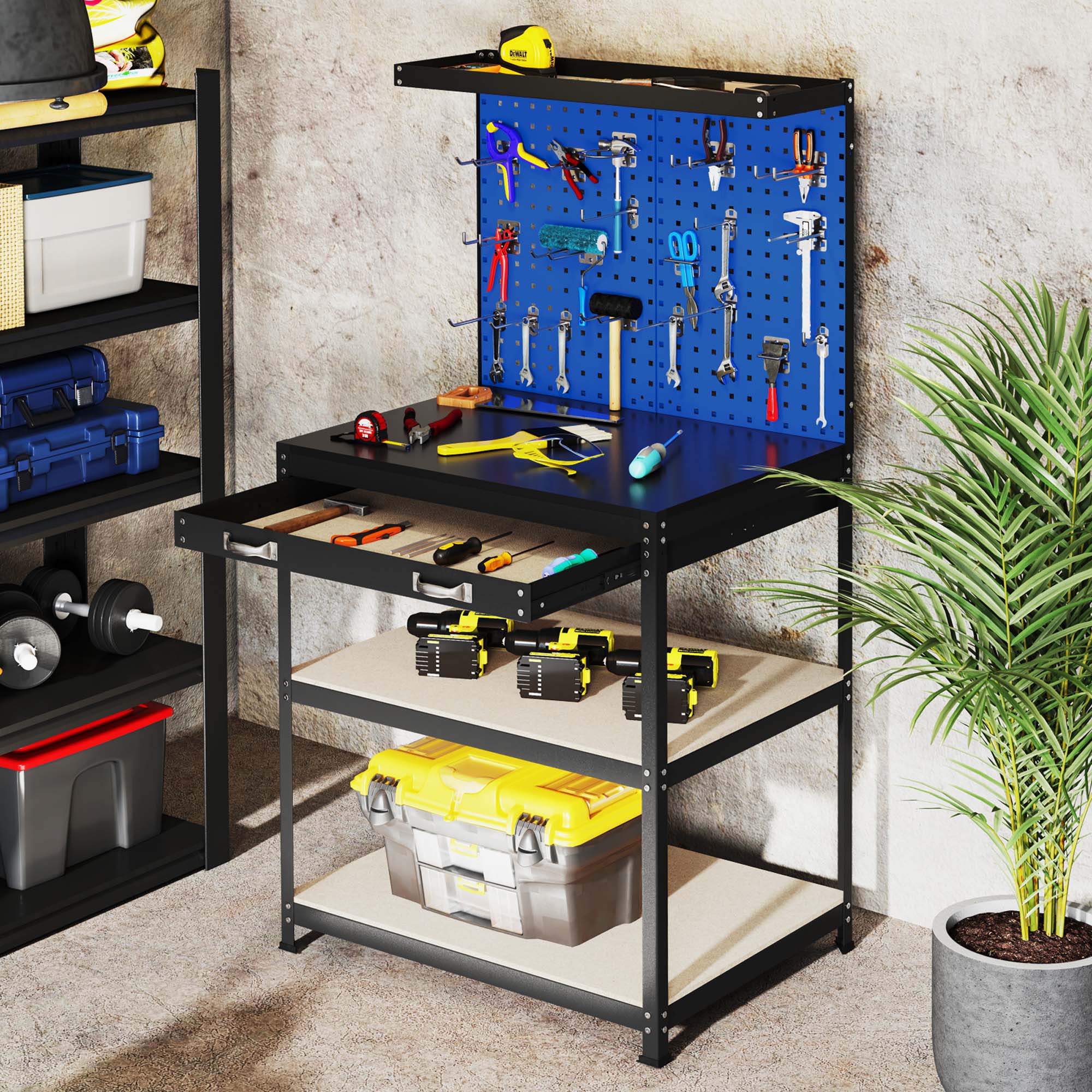 Alt View 1. Gymax - Gymax 32'' x 16'' Workbench w/ Pegboard 20PCS Tool Hooks Drawer & Open Shelves Navy - Navy.