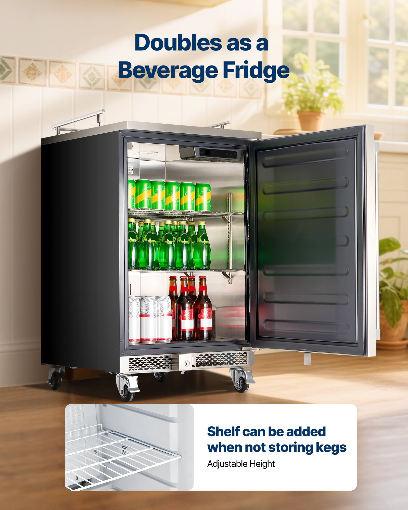 Doubles as a Beverage Fridge

Shelf can be added when not storing kegs

Adjustable Height