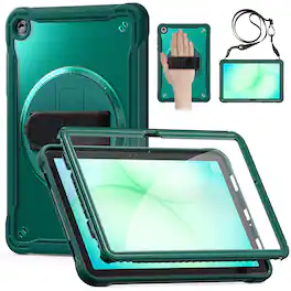 Dteck - Rugged Case for Samsung Galaxy Tab A11+ Built-in Screen Protector, Shockproof Kickstand Cover with Shoulder Strap - Darkgreen