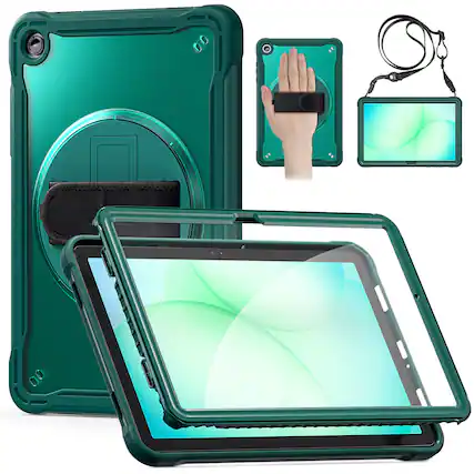 Front. Dteck - Rugged Case for Samsung Galaxy Tab A11+ Built-in Screen Protector, Shockproof Kickstand Cover with Shoulder Strap - Darkgreen.