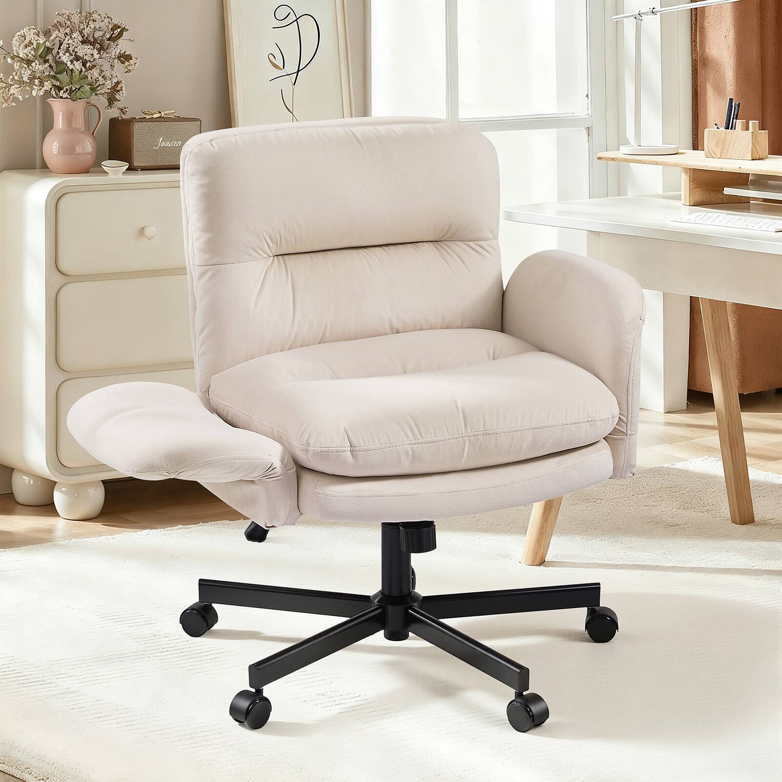 Alt View 5. Bestier - Criss Cross Office Chair, Flip-Up Armrest Swivel Desk Chair with Wheel, Ergonomic Computer Chair for Study Makeup Gaming - White.
