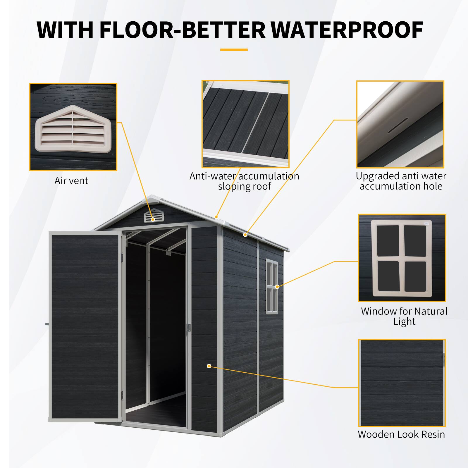 WITH FLOOR-BETTER WATERPROOF

- Air vent
- Anti-water accumulation sloping roof
- Upgraded anti water accumulation hole
- Window for Natural Light
- Wooden Look Resin