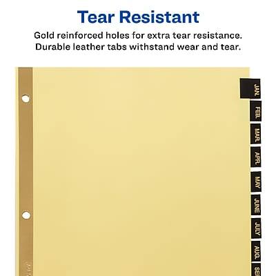 Tear Resistant  
Gold reinforced holes for extra tear resistance.  
Durable leather tabs withstand wear and tear.  

JAN  
FEB  
MAR  
APR  
MAY  
JUNE  
JULY  
AUG