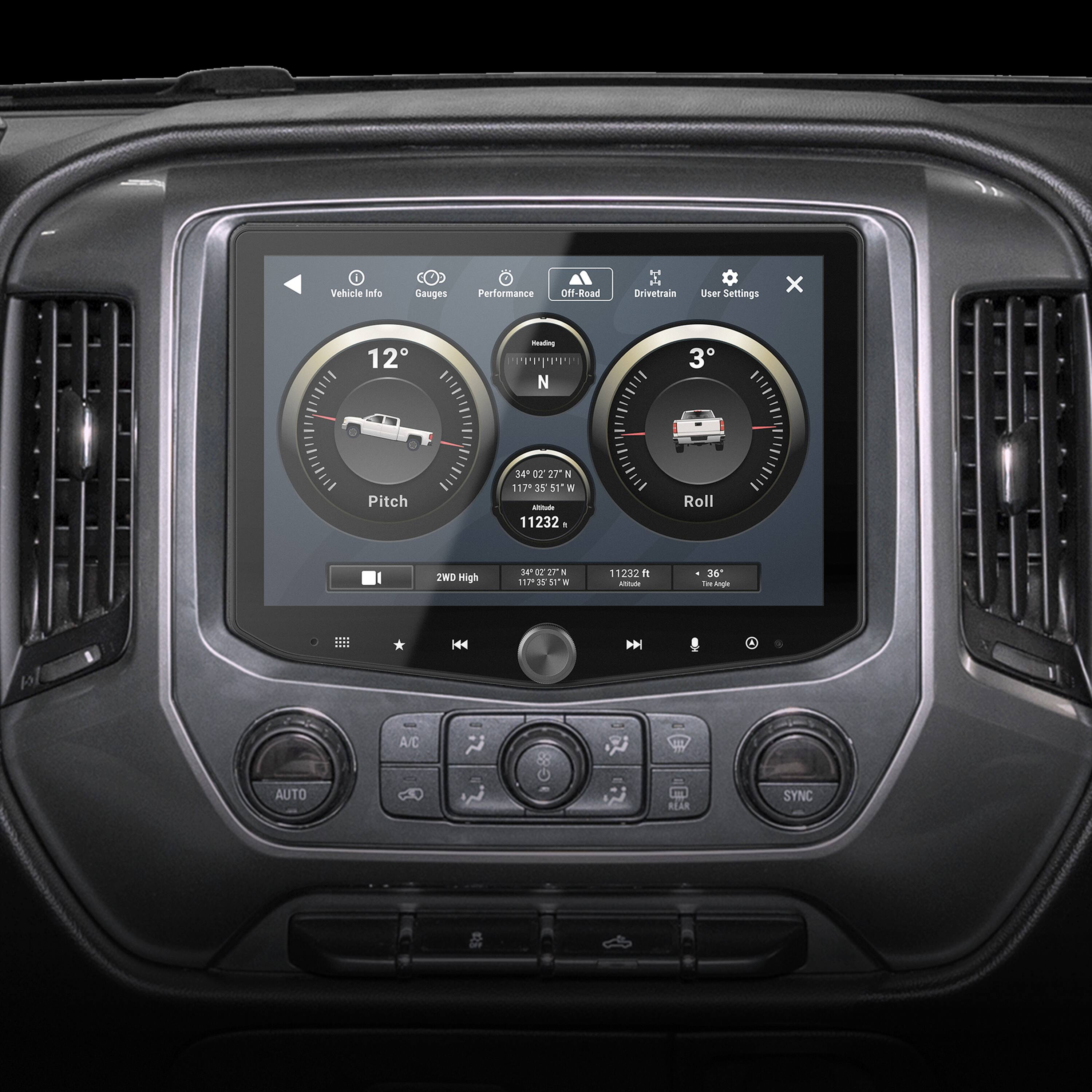 Vehicle Info Gauges Performance Off-Road Drivetrain User Settings x 12 Reading N 3 Pitch 247 12 27 N 117 39 51 W - 11232 . Roll 2WD High 3P eIr . 117 35'51 i M  1 12K2  AU 38 t Anga H4  A/C AUTO REAR SYNC