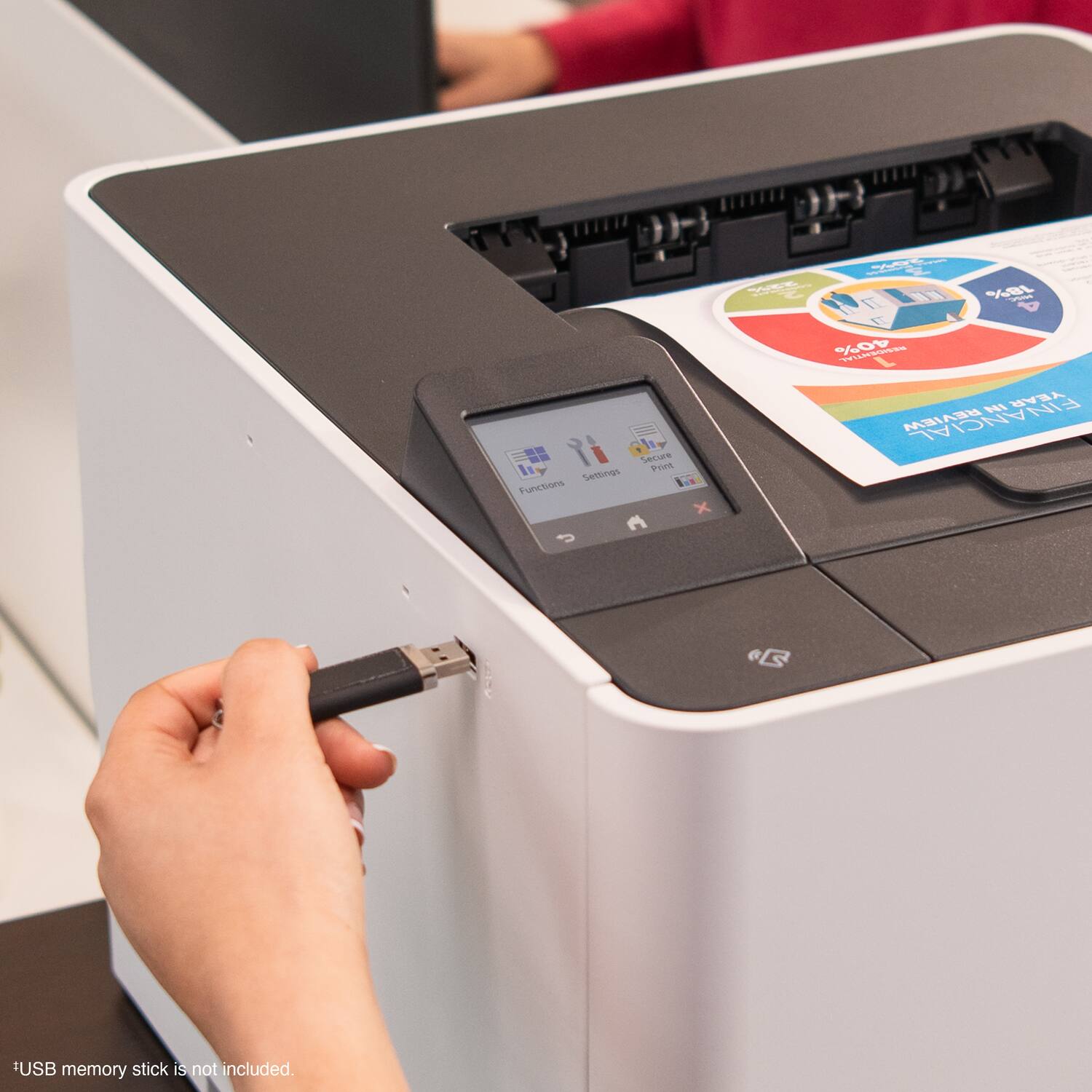 E 18% - I if Secure Print Settings Functions c 5 x 40% L I9 YEAR FIN BEAIE FINANCIAL ASS FUSB memory stick is not included.

*USB memory stick is not included.