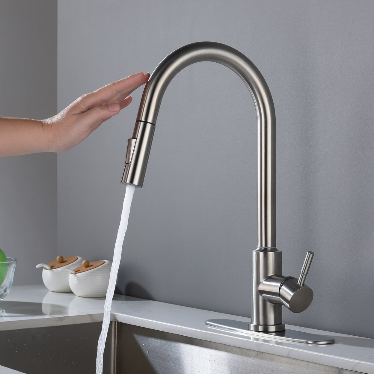 Ropilly- Touch Kitchen Faucet with Pull Down Sprayer, Single Handle High Arc Faucet- Brushed Nickel