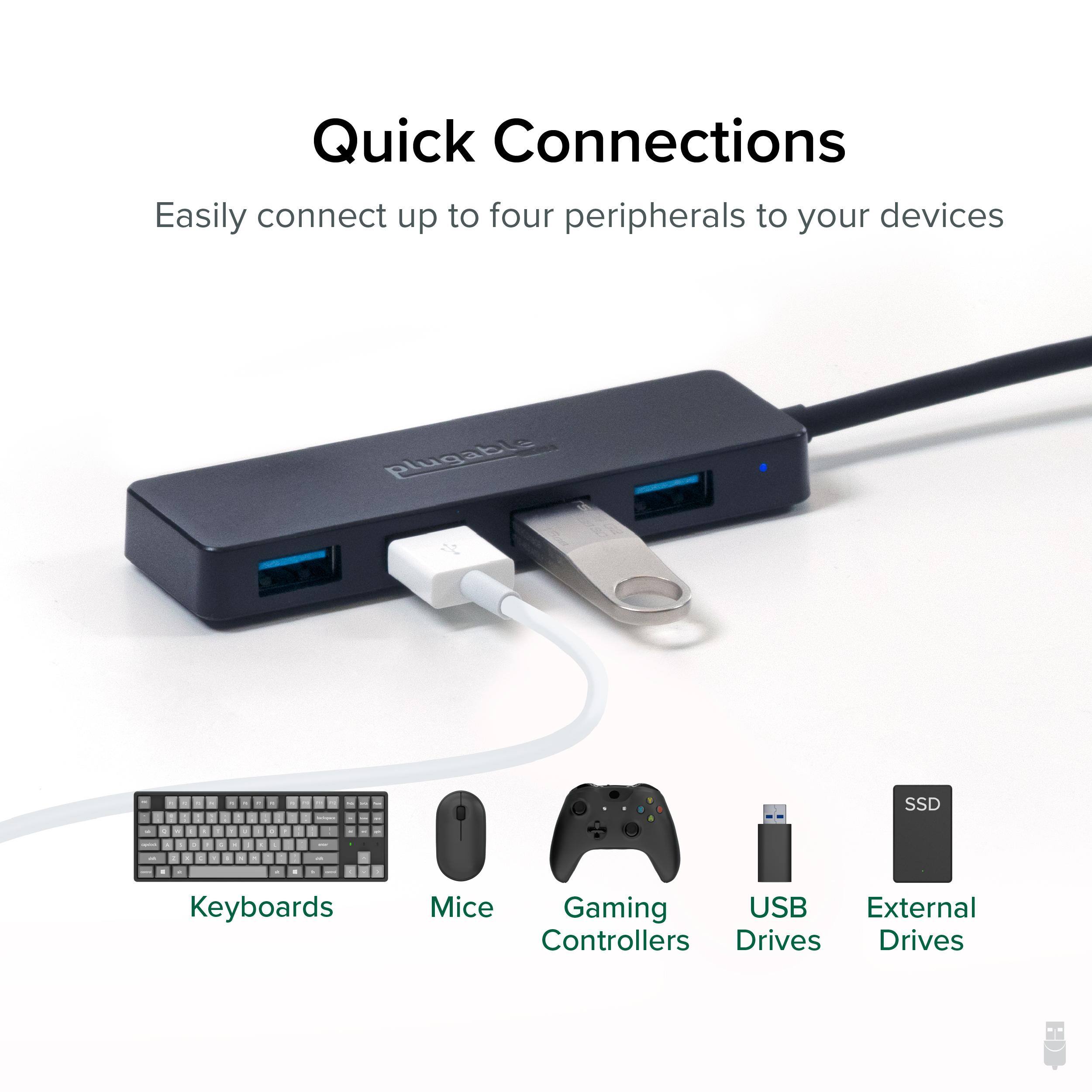 Quick Connections

Easily connect up to four peripherals to your devices

- Keyboards
- Mice
- Gaming Controllers
- USB Drives
- External Drives
