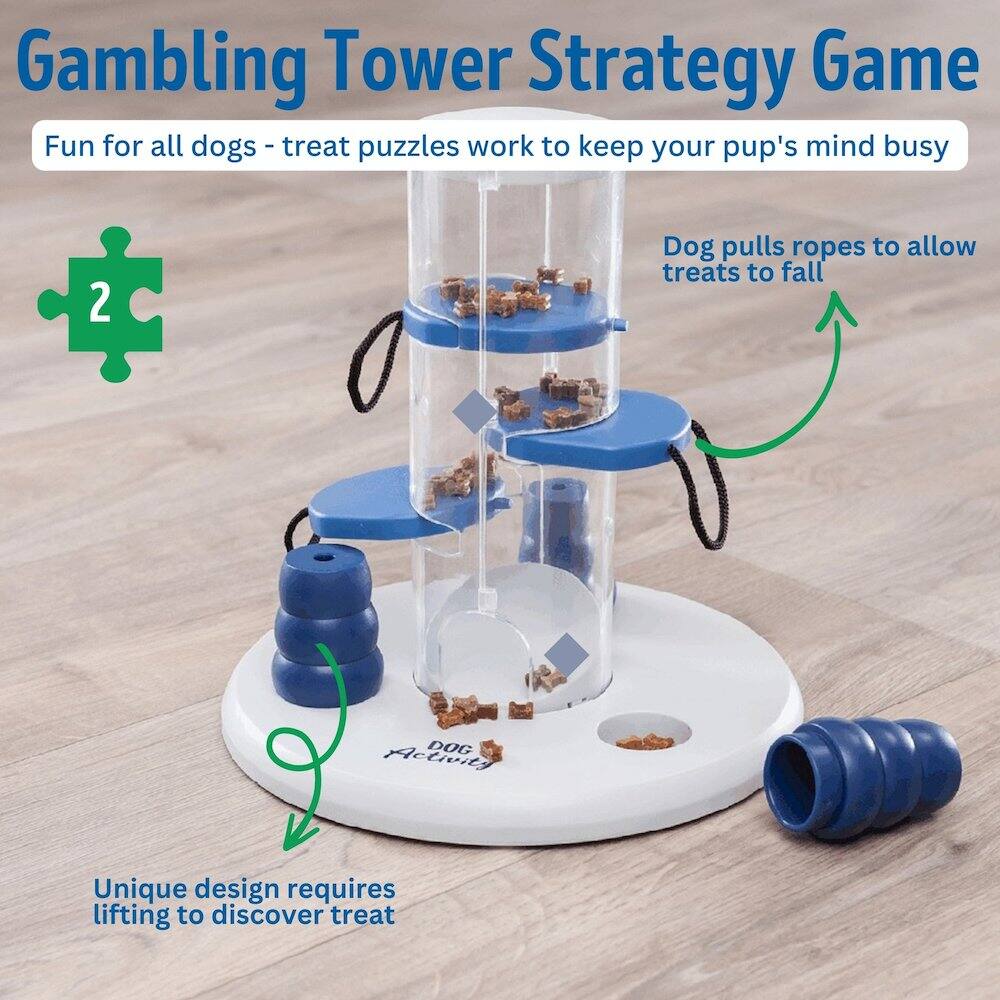 Gambling Tower Strategy Game  
Fun for all dogs - treat puzzles work to keep your pup's mind busy  

Dog pulls ropes to allow treats to fall  

Unique design requires lifting to discover treat