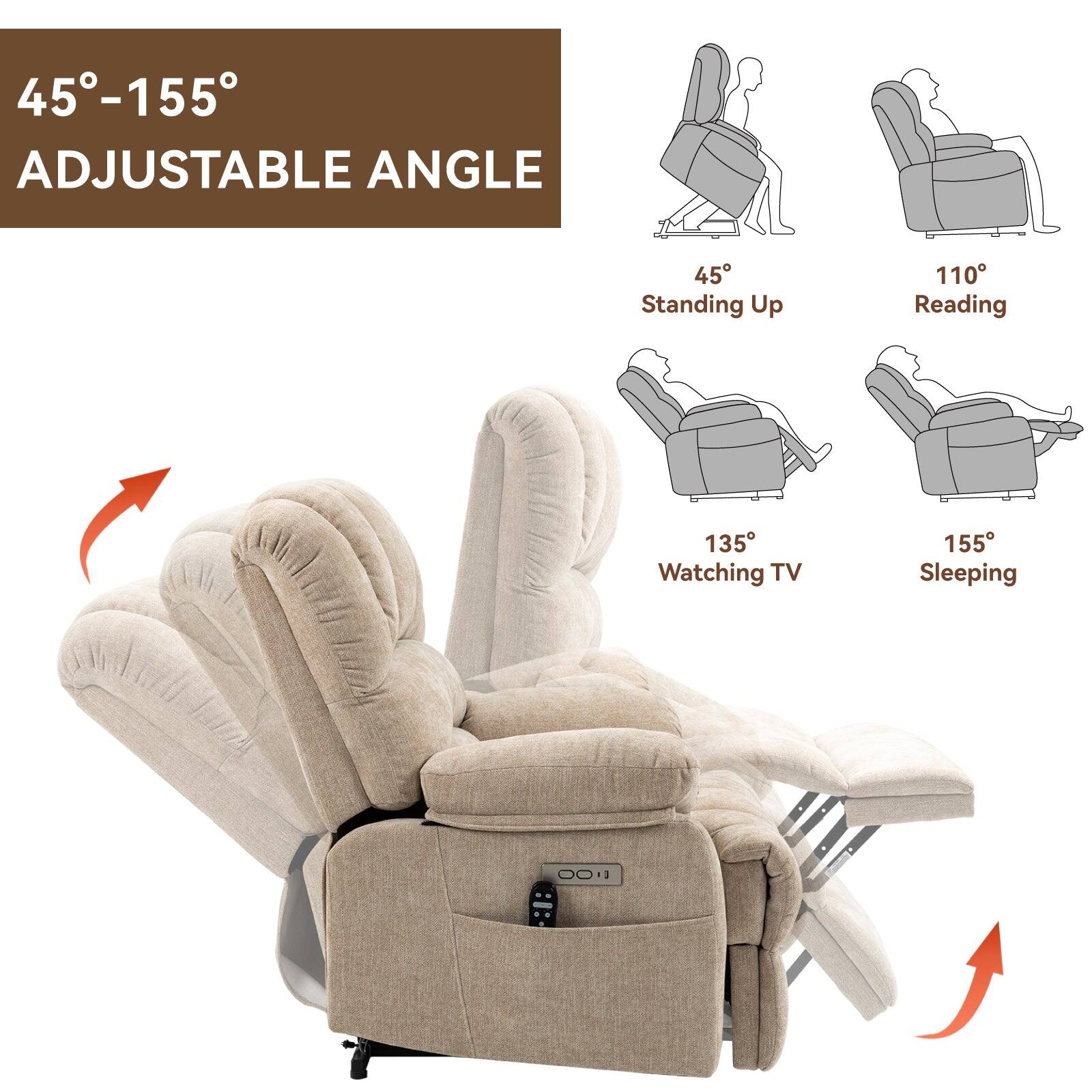 45°-155° Adjustable Angle

45° Standing Up  
110° Reading  
135° Watching TV  
155° Sleeping