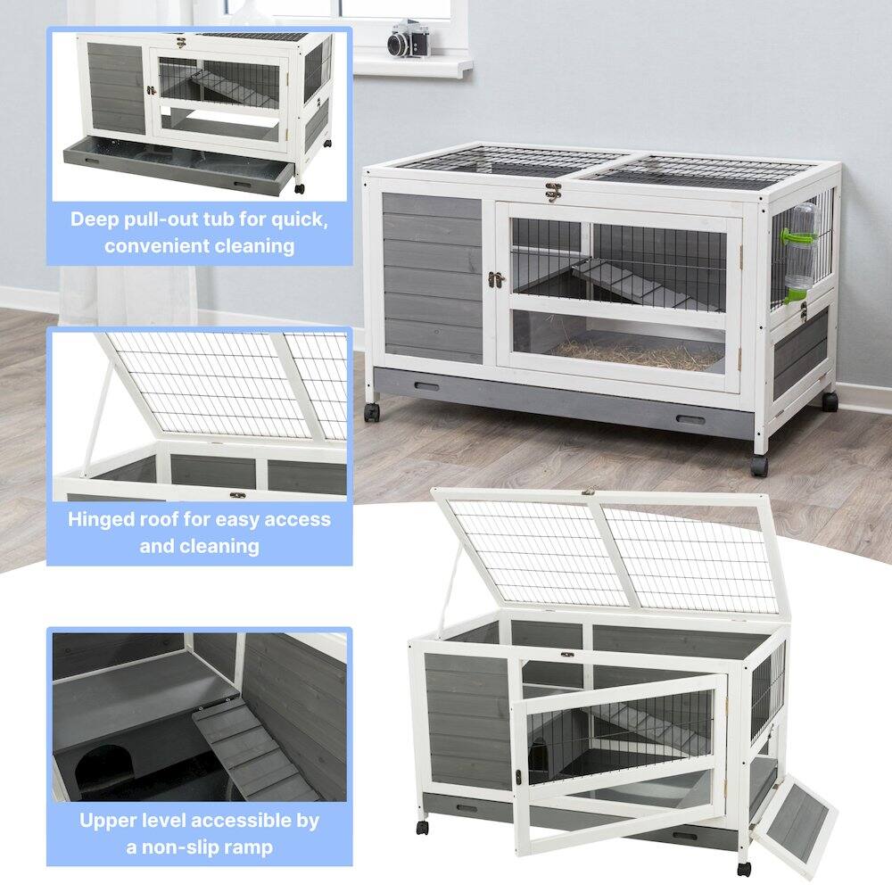 - Deep pull-out tub for quick, convenient cleaning
- Hinged roof for easy access and cleaning
- Upper level accessible by a non-slip ramp