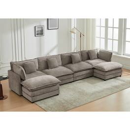 KERDOM - 149 inch Chenille U-Shape Couch with Pillows, Big Family Deep Seat Modular Sofa with 2 Ottomans, Extra Large with Chaise - Gray