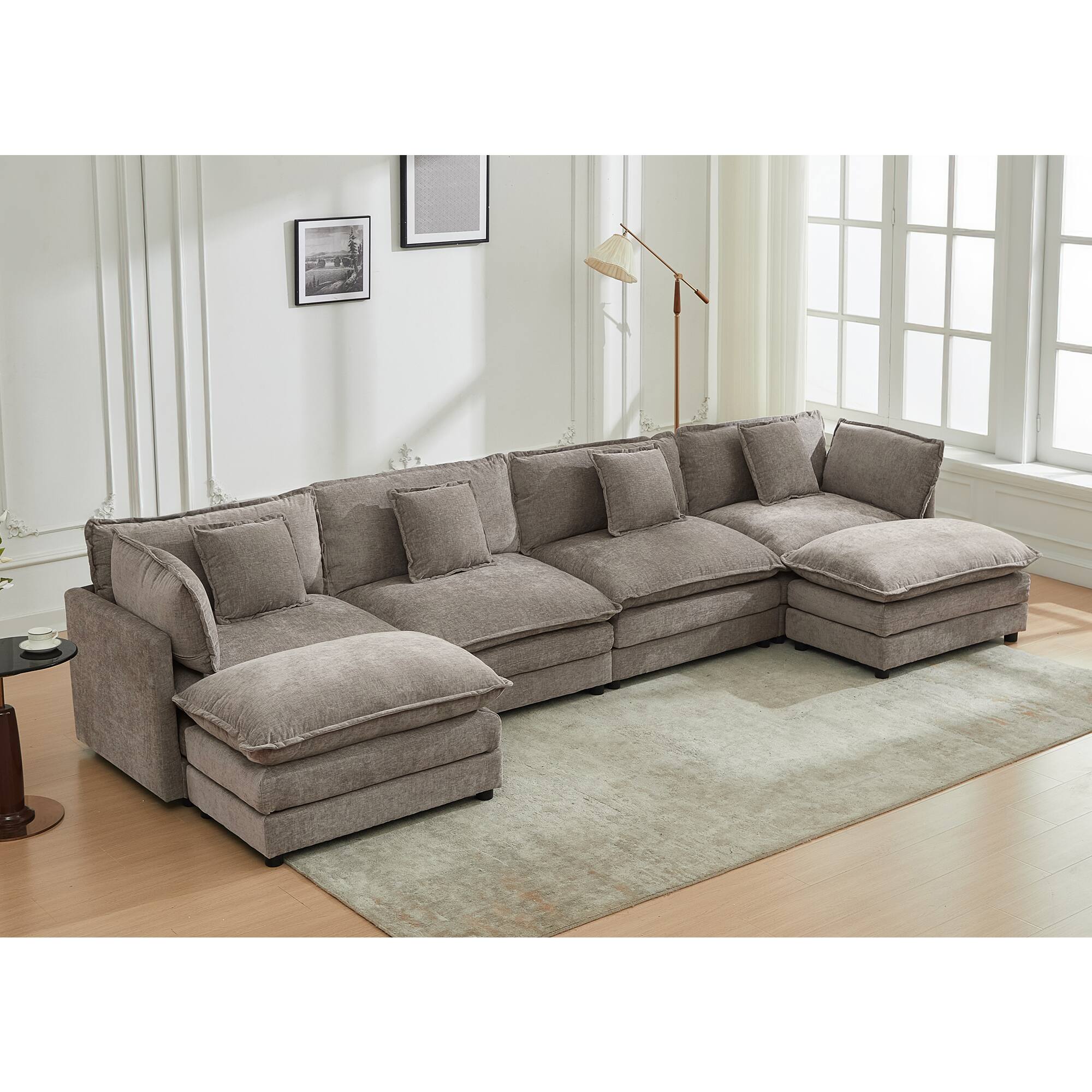Front. KERDOM - 149 inch Chenille U-Shape Couch with Pillows, Big Family Deep Seat Modular Sofa with 2 Ottomans, Extra Large with Chaise - Grey.