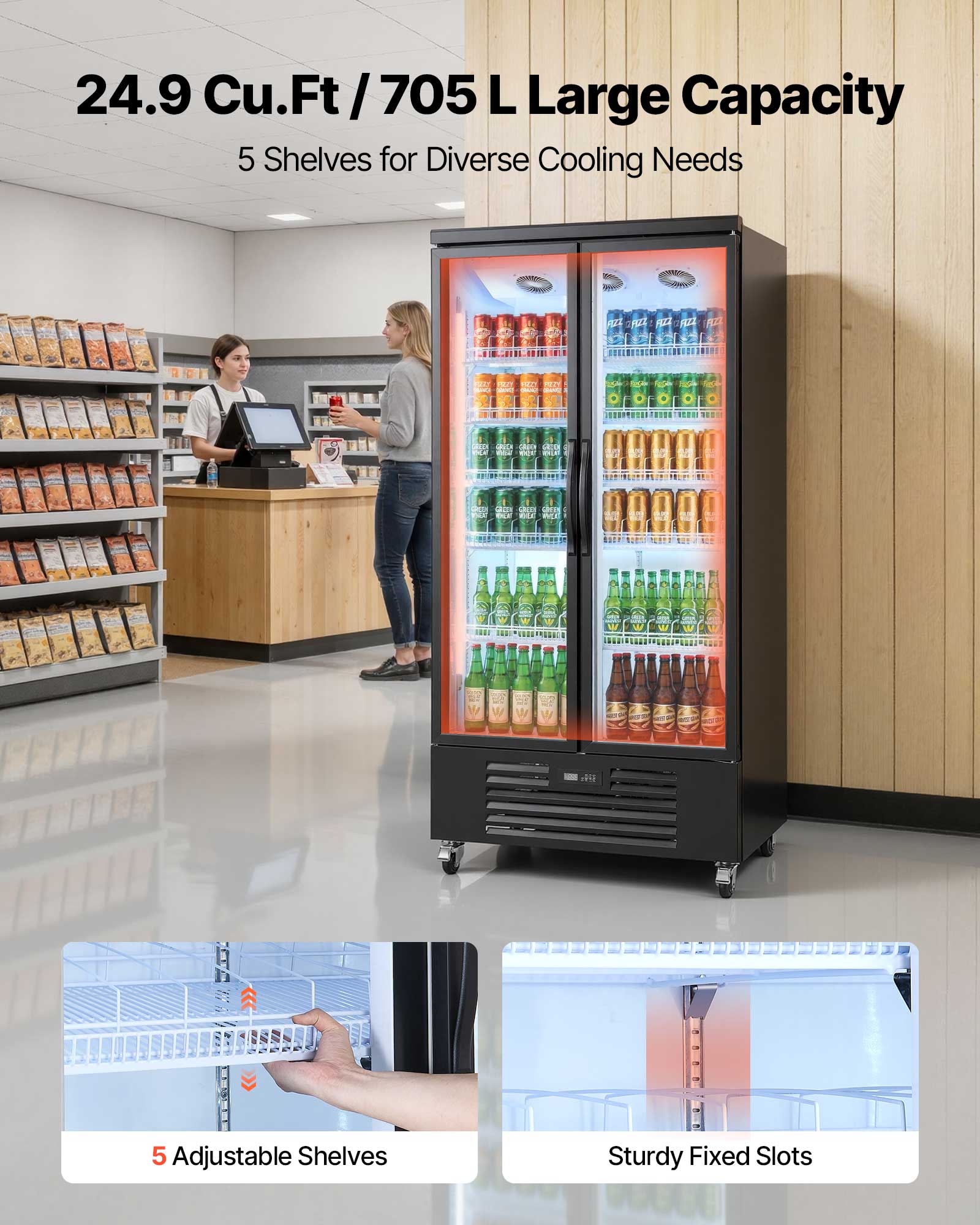 24.9 Cu.Ft / 705 L Large Capacity  
5 Shelves for Diverse Cooling Needs  
5 Adjustable Shelves  
Sturdy Fixed Slots