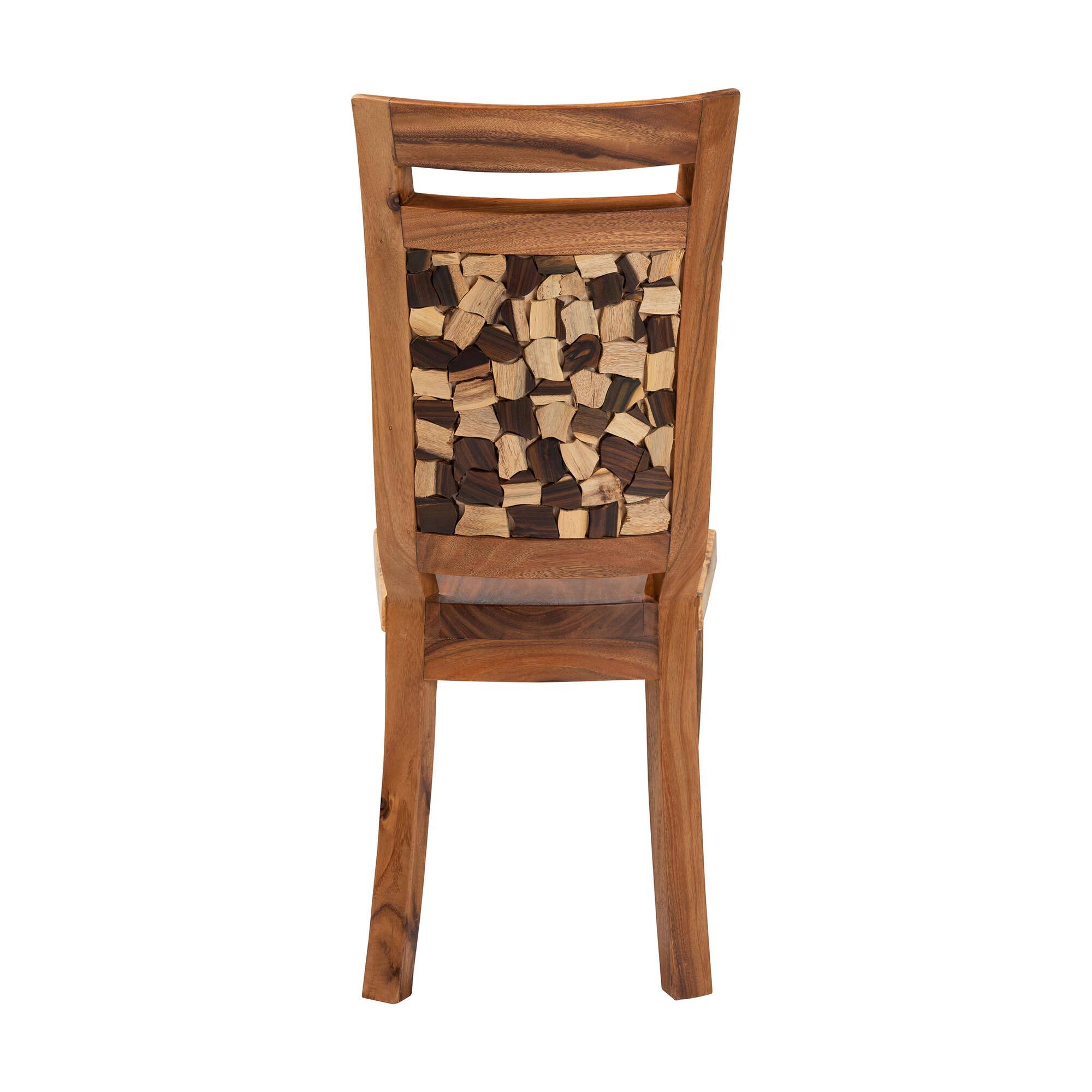 Back. bali & pari - Luan Suar Wood Dining Chair - Handcrafted Solid Wood Seat with Mosaic Backrest Inlay, Accent Chair - Natural Brown.