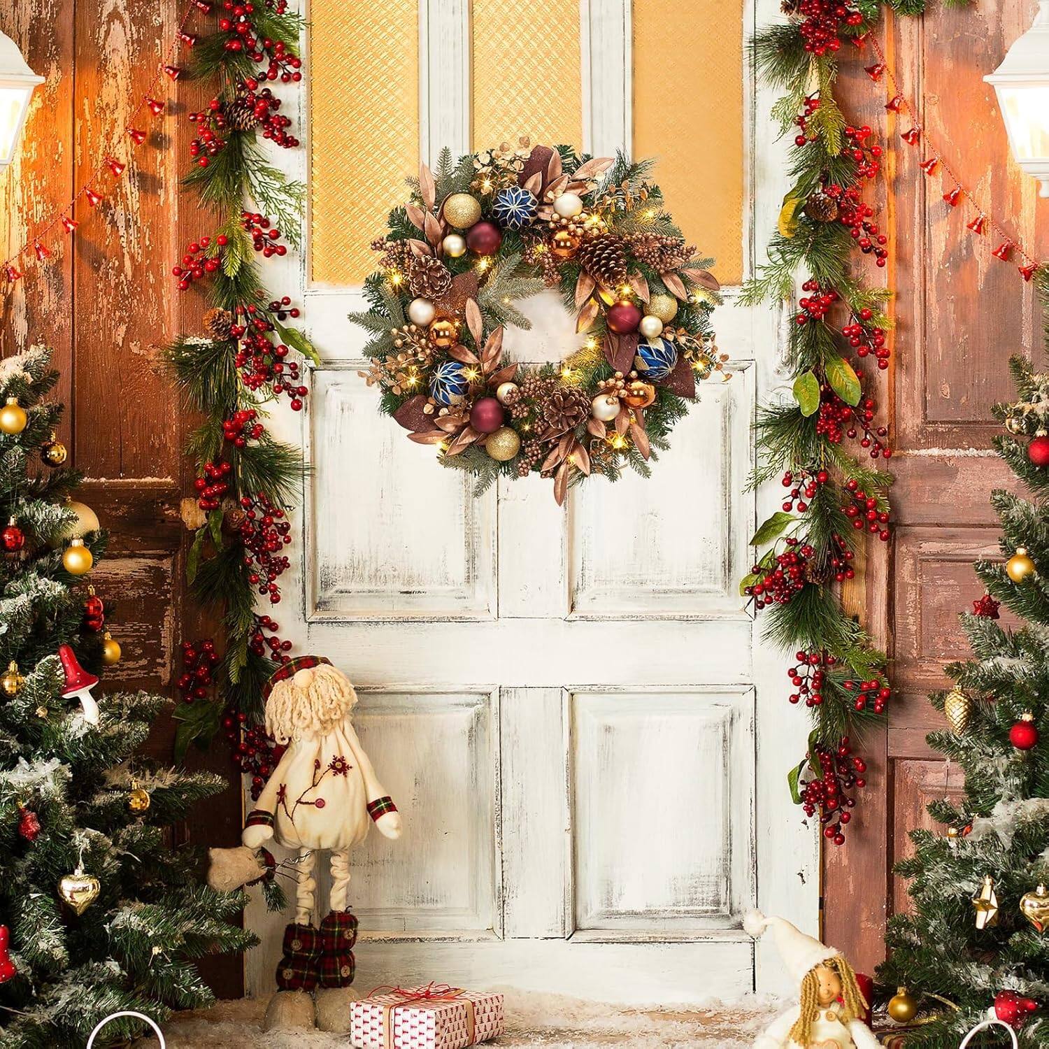 Alt View 1. GARVEE - 24 Inch Christmas Wreath, Artificial Xmas Wreath with Pine Cones and Christmas Balls, for Front Door Decor - Green.