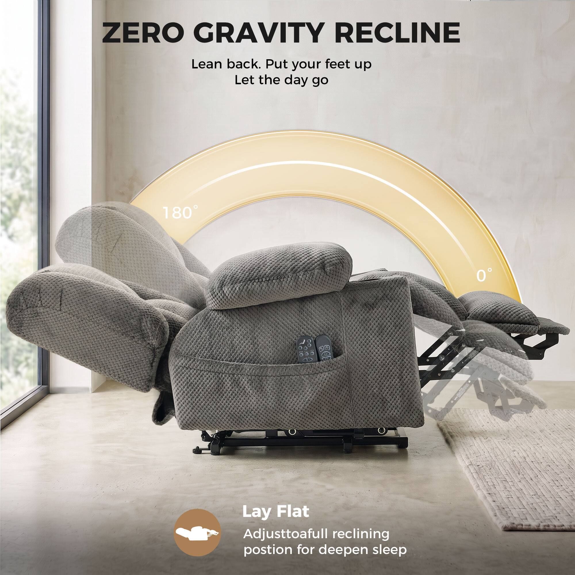 ZERO GRAVITY RECLINE  
Lean back. Put your feet up. Let the day go

180°  
0°

Lay Flat  
Adjust to a full reclining position for deeper sleep