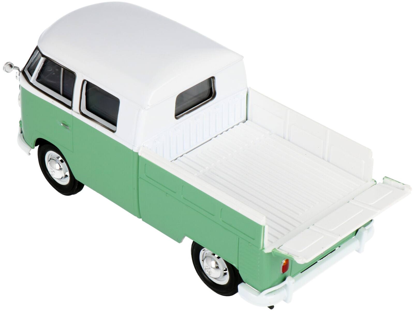 Alt View 2. Motormax - Volkswagen Type 2 (T1) Double Cab Pickup Truck White and Green 1/24 Diecast Model Car by Motormax.