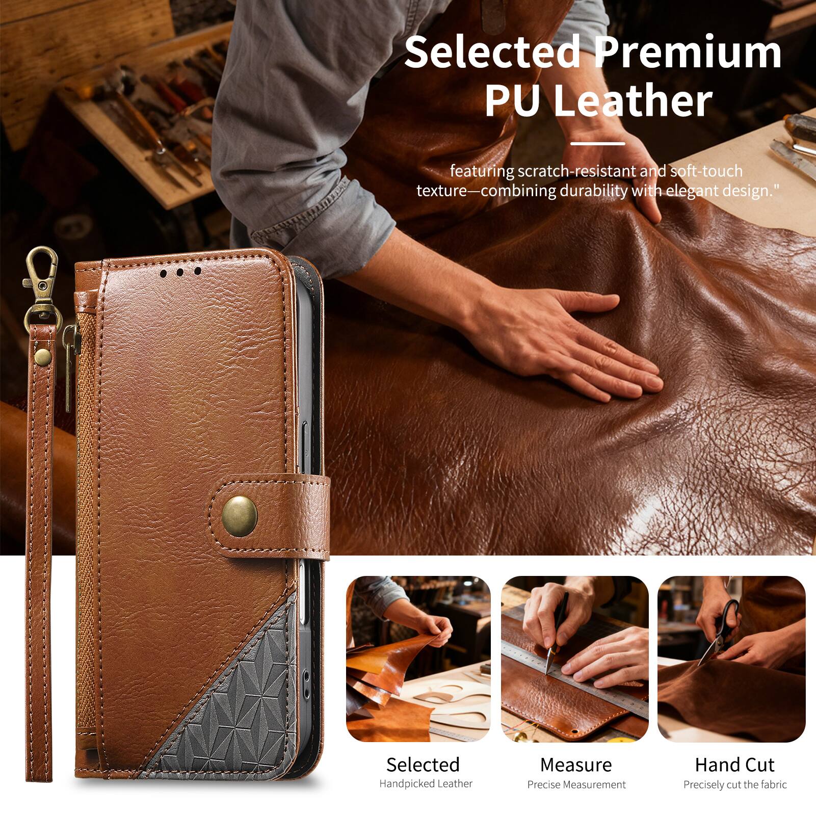 Selected Premium PU Leather - featuring scratch-resistant and soft-touch texture—combining durability with elegant design.

Selected Handpicked Leather
Measure Precise Measurement
Hand Cut Precisely cut the fabric