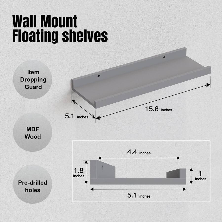 Reduced Depth Shelf Dazzed Corner 5 Set Floating Shelves for Wall Decor, with Lip Gray ...