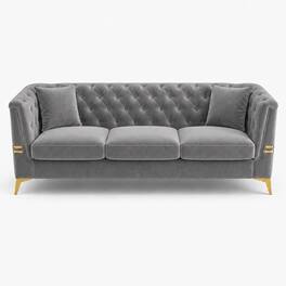 Anysun - 82.7" Velvet 3-Seat Chesterfield Sofa with Gold Legs - Modern Tufted Design, Includes 2 Pillows. - Gray