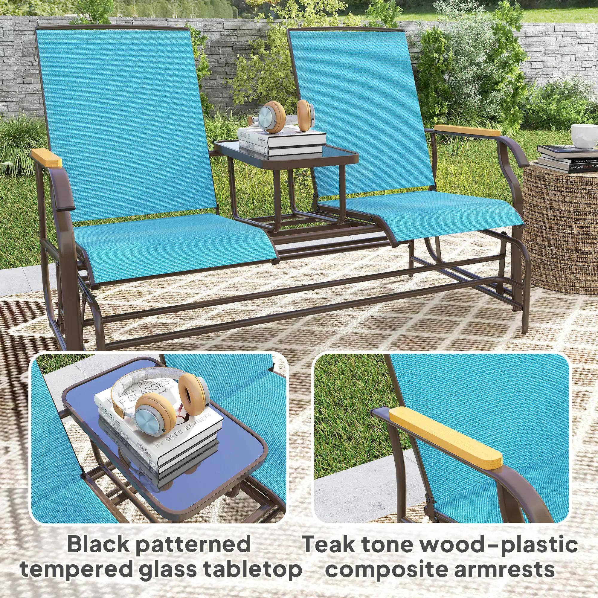 Black patterned tempered glass tabletop

Teak tone wood-plastic composite armrests