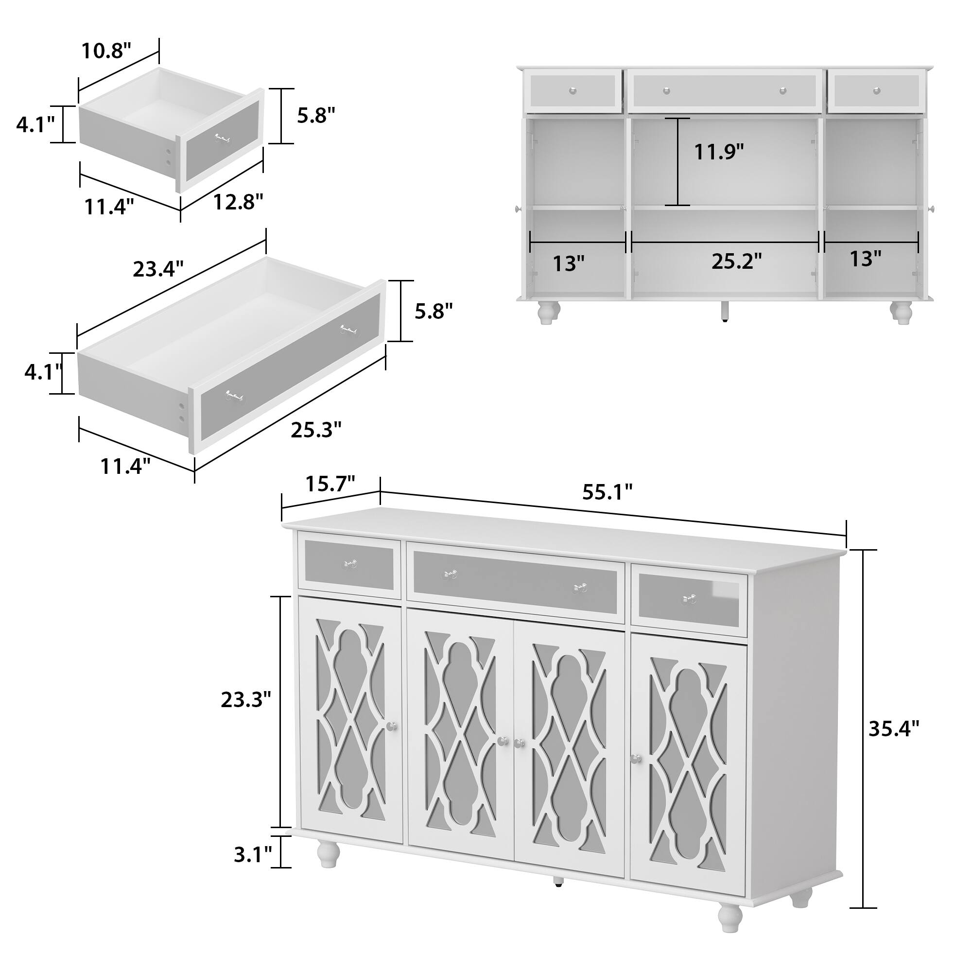 10.8"  
4.1"  
5.8"  
11.9"  
11.4"  
12.8"  
23.4"  
13"  
25.2"  
13"  
5.8"  
4.1"  
25.3"  
11.4"  
15.7"  
55.1"  
23.3"  
35.4"  
3.1"