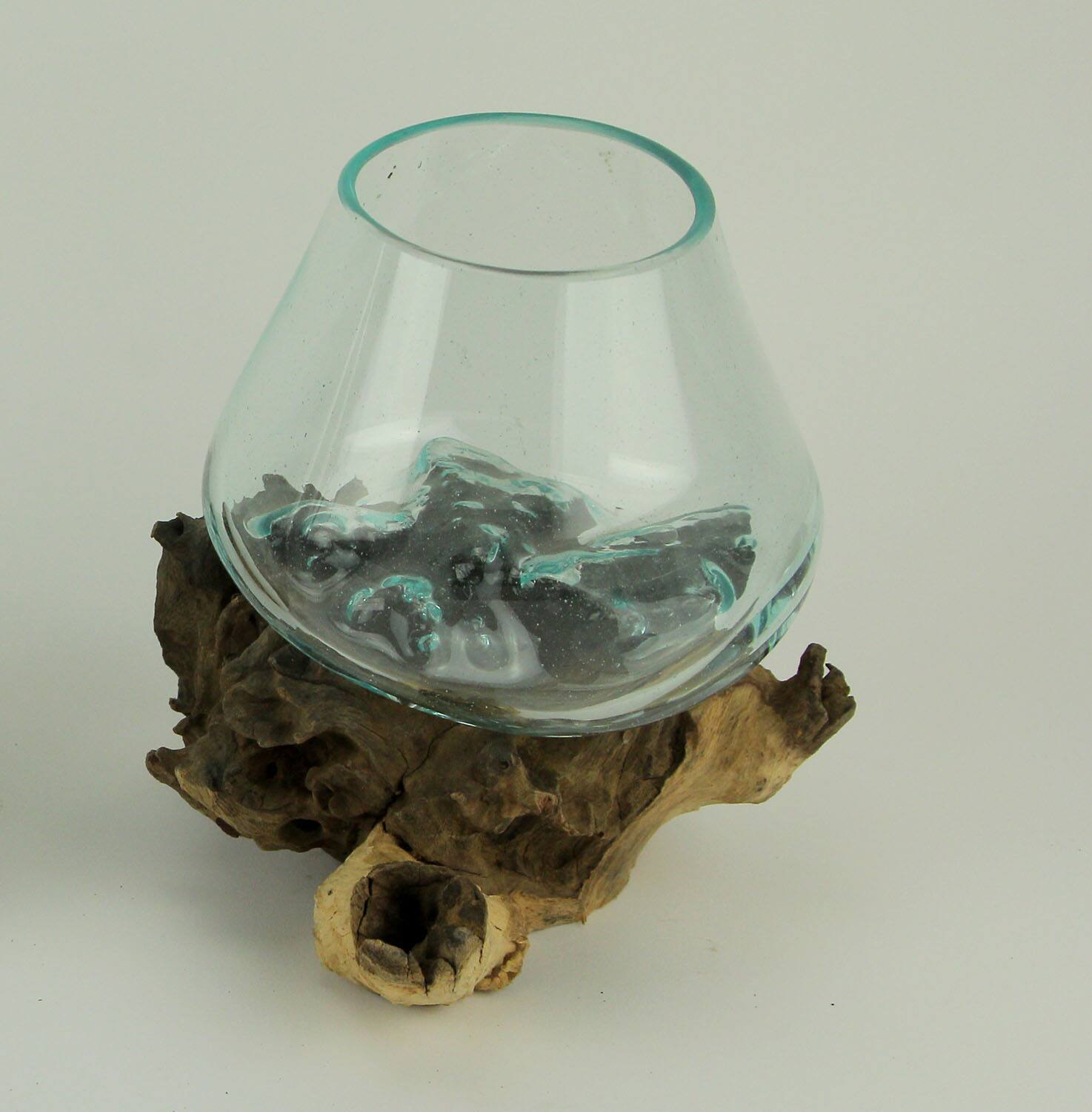 Alt View 4. Zeckos - Clear Molten Glass On Teak Driftwood Base Decorative Bowl Vase Terrarium Planter - Brown.