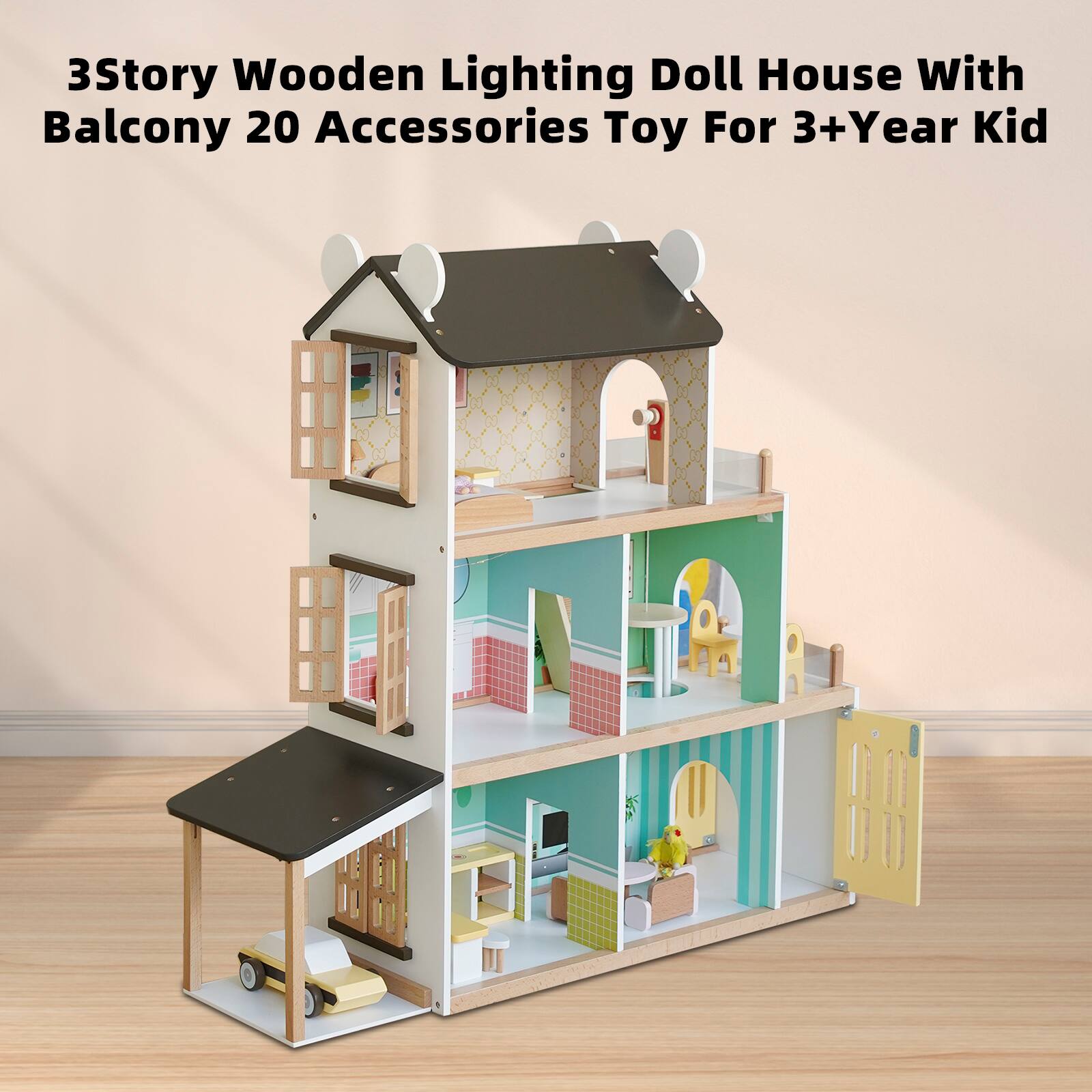 3 Story Wooden Lighting Doll House With Balcony 20 Accessories Toy For 3+Year Kid