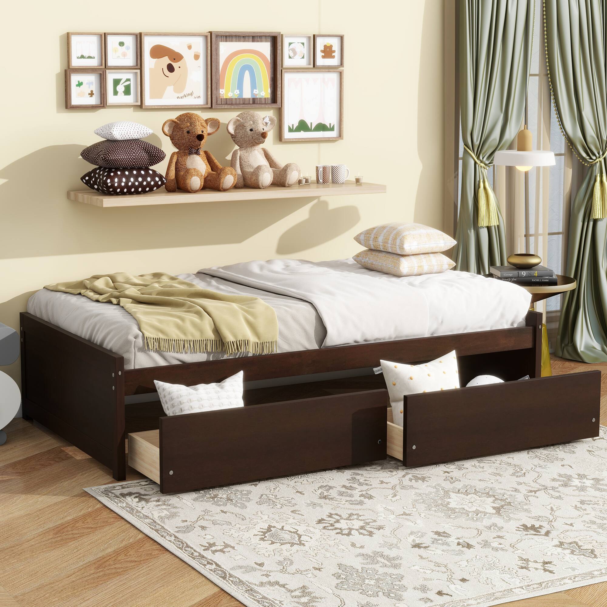 Alt View 5. GOODSILO - Twin Size Platform Bed with Two Underbed Storage Drawers for Space-Saving Bedroom Organization - Espresso.