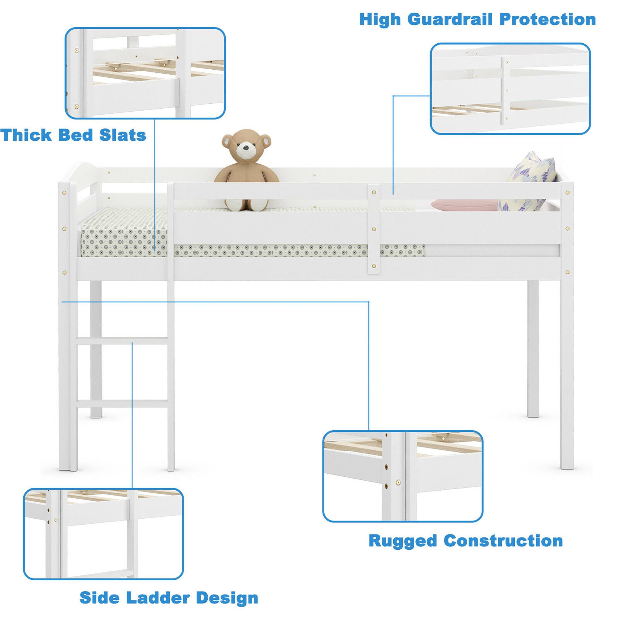 Alt View 8. Costway - Costway Twin Low Loft Bunk Junior Bed Bedroom Wooden Guard Rail Ladder - White.