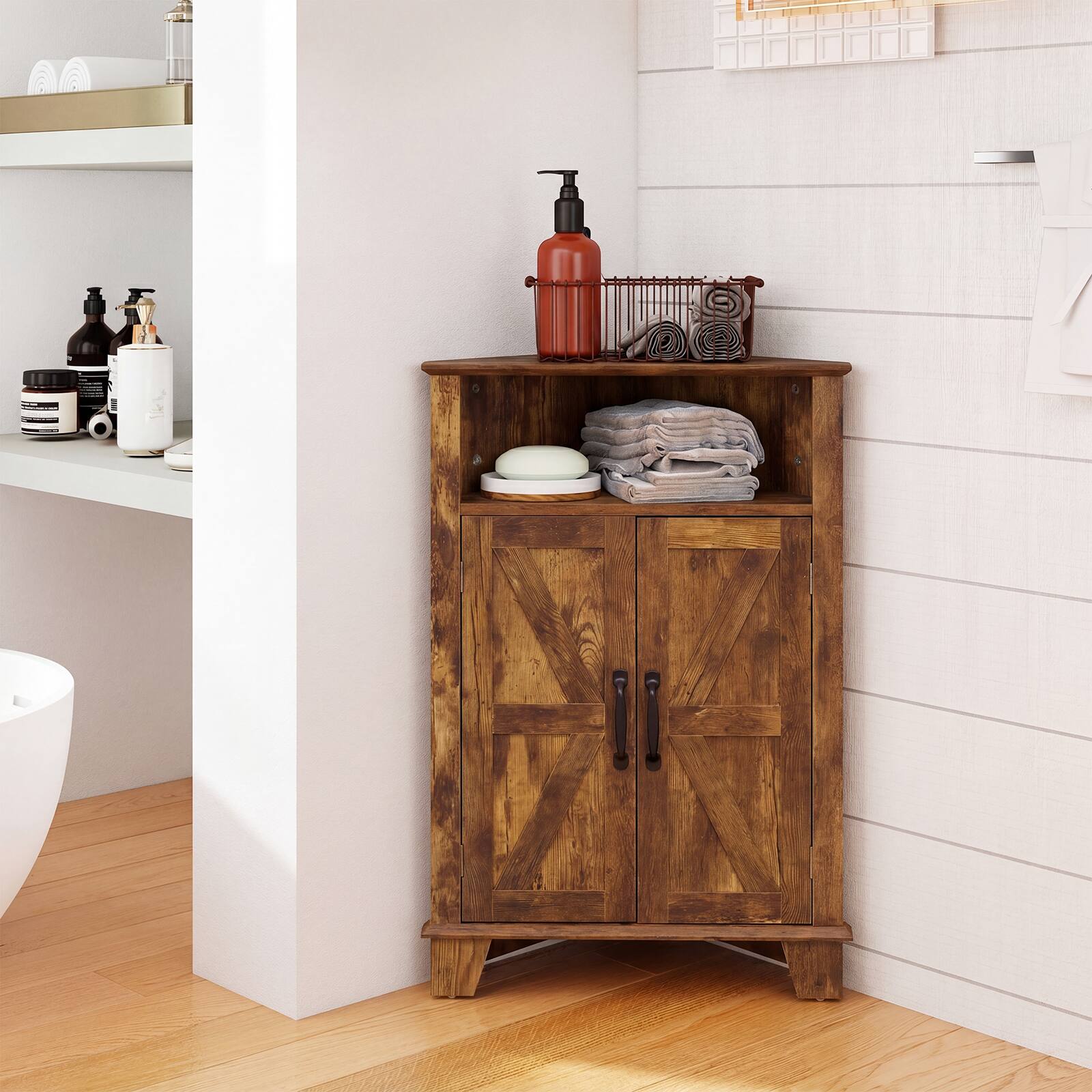 Alt View 1. Costway - Costway 2-Door Sideboard Organizer Cabinet with Open Storage & Adjustable Shelf for Living Room - Rustic Brown.