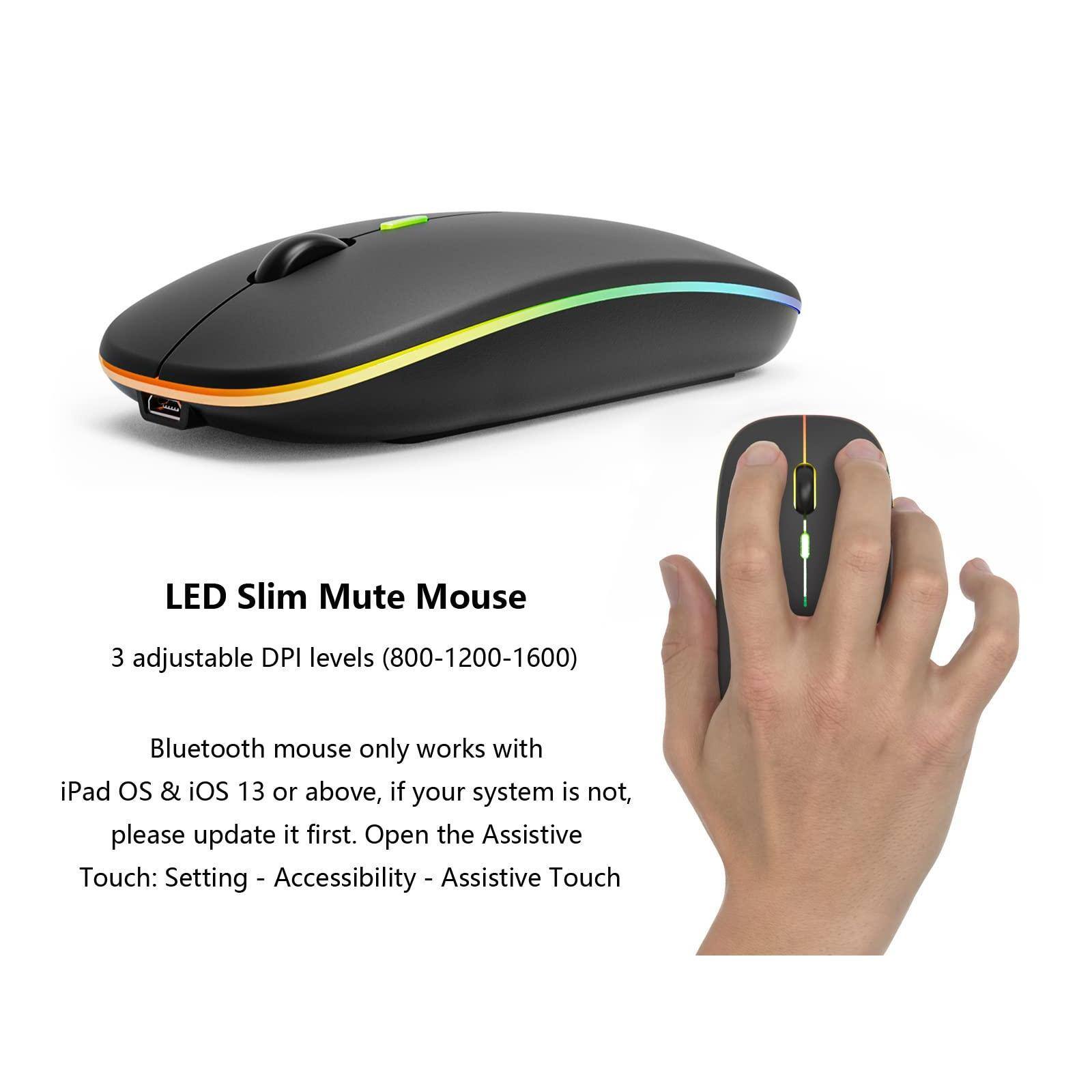 LED Slim Mute Mouse

3 adjustable DPI levels (800-1200-1600)

Bluetooth mouse only works with iPad OS & iOS 13 or above, if your system is not, please update it first. Open the Assistive Touch: Setting - Accessibility - Assistive Touch