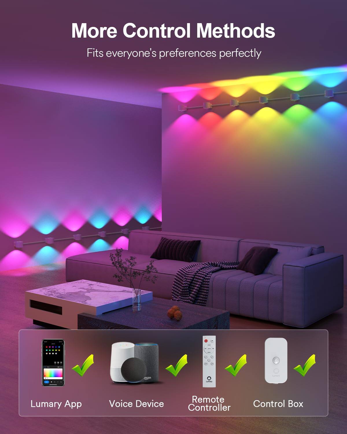 More Control Methods  
Fits everyone's preferences perfectly  

Lumary App  
Voice Device  
Remote Controller  
Control Box