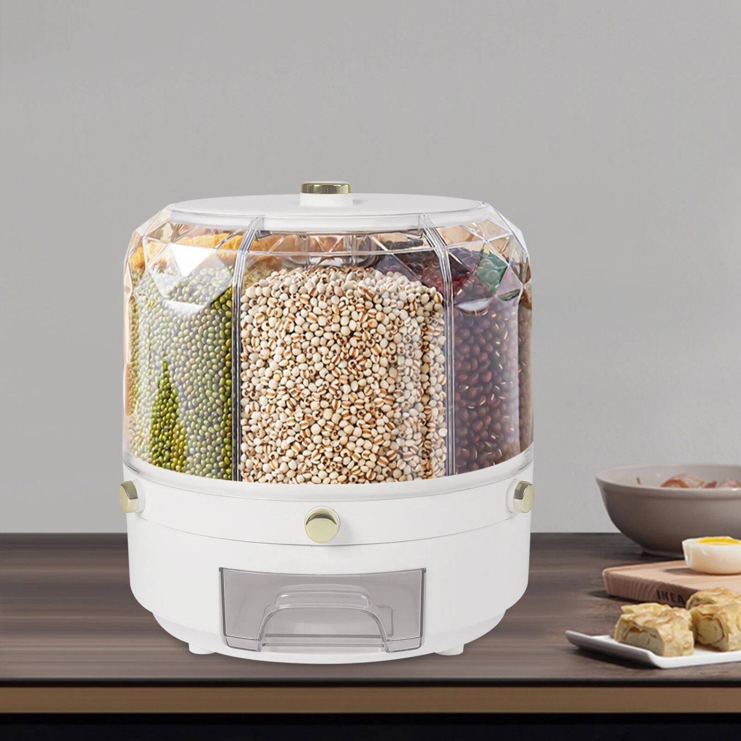 Left. Stock Preferred - 6-in-1 Rotating Grain Cereal Dispenser - White Base with Transparent Clear Compartments.